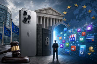 EU-rätt och digitala tjänster möts: en låst portal med appikoner, mobil och domarklubba