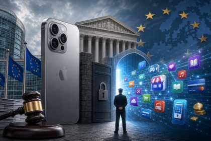 EU-rätt och digitala tjänster möts: en låst portal med appikoner, mobil och domarklubba