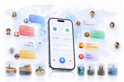 Översättningsapp i en mobiltelefon med chattbubblor på flera språk och världskarta i bakgrunden